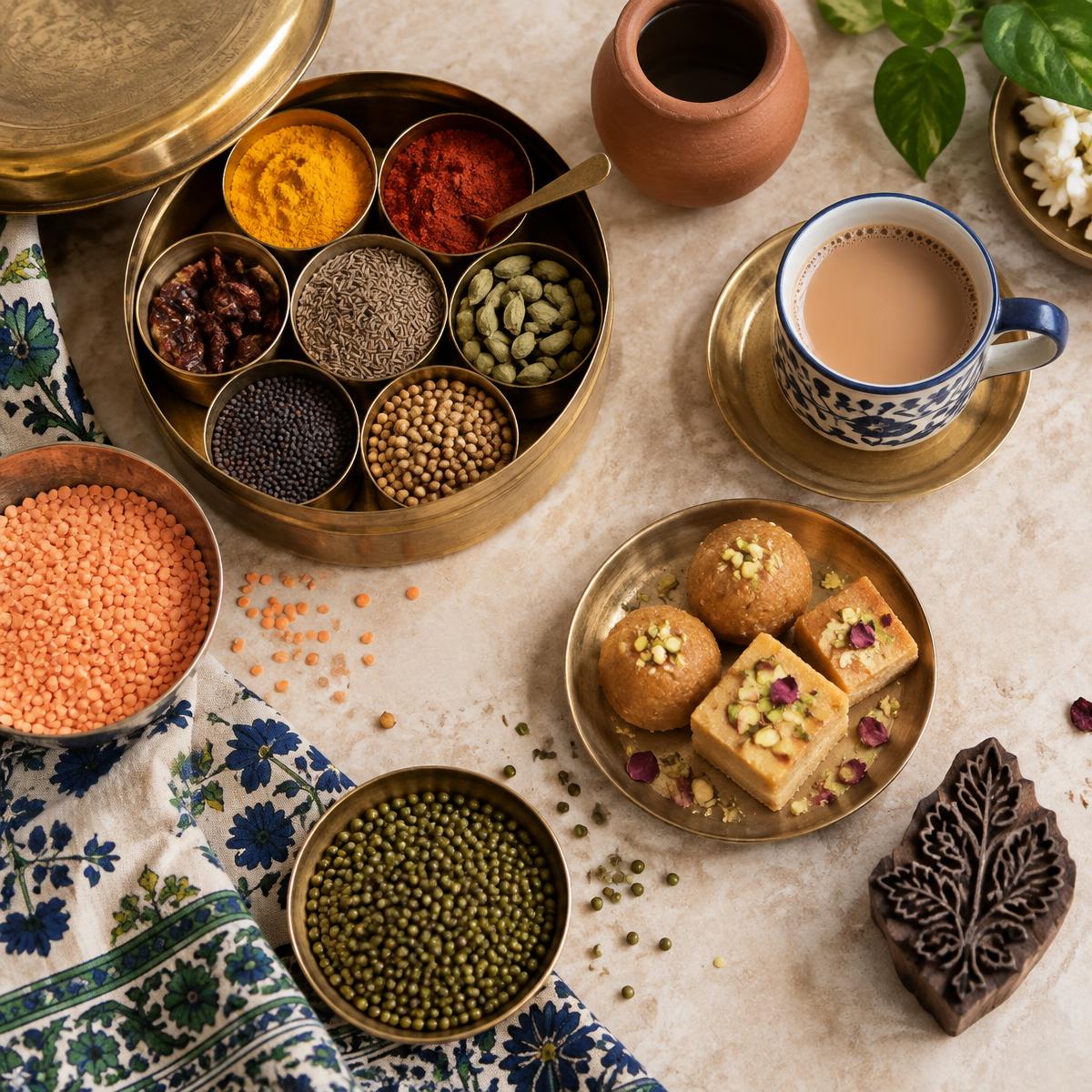 Indian spices, lentils, chai, sweets and block-printed textiles