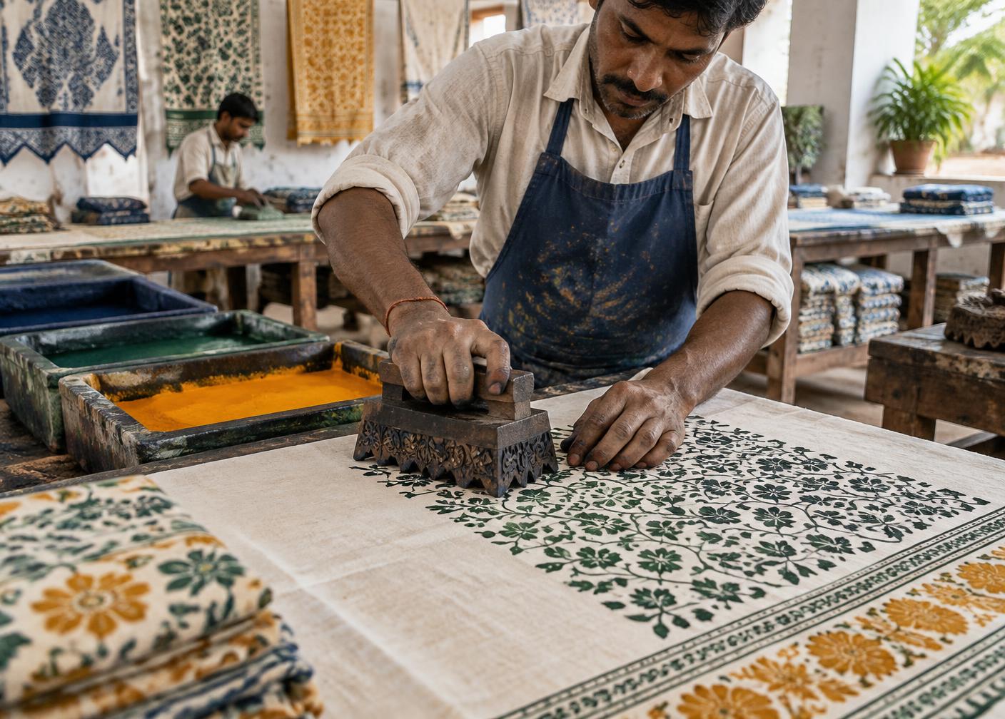 An Indian artisan hand block-printing cotton fabric